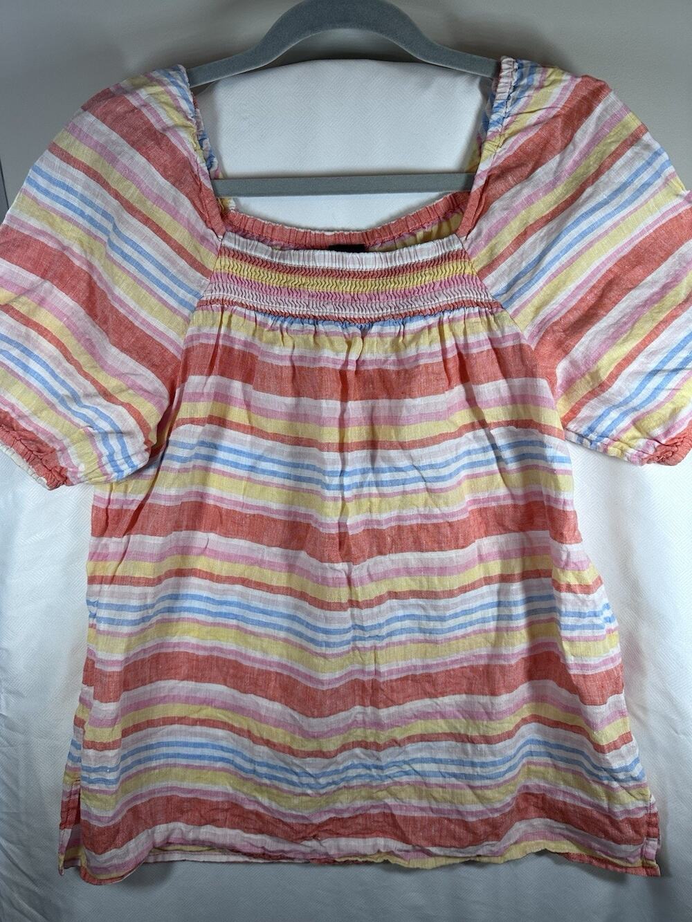 Talbots 100% Linen Striped Blouse Women’s Small Puff Sleeve Smocked Cottage